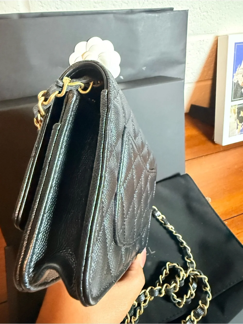 CHANEL Black Quilted Wallet with Gold CC Turn-Lock